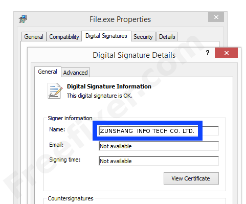 Screenshot of the ZUNSHANG  INFO TECH CO. LTD. certificate